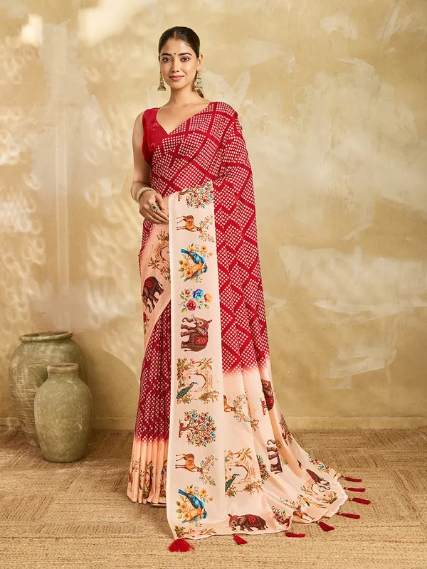Red_Chinon_Geometric_Printed_Saree_For_Women
