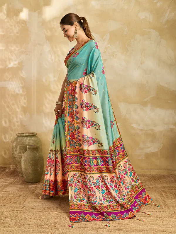 Teal_Jacquard_Butti_Floral_Printed_Saree_For_Women