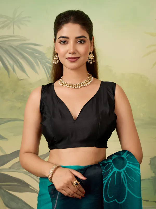 Teal_Satin_Floral_Print_Saree_For_Women