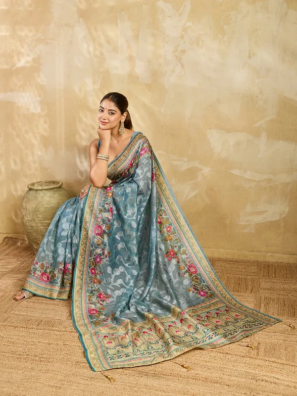 Blue_Brasso_Floral_Print_Saree_For_Women