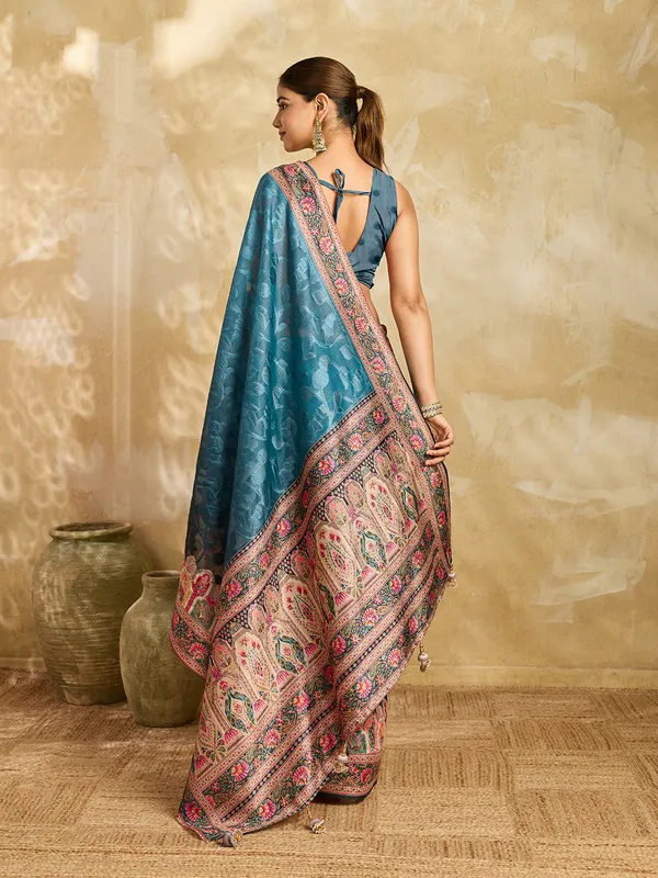 Teal_Blue_Brasso_Ethnic_Print_Saree_For_Women