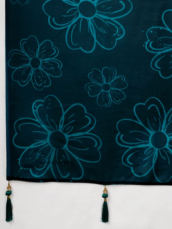 Teal_Satin_Floral_Print_Saree_For_Women
