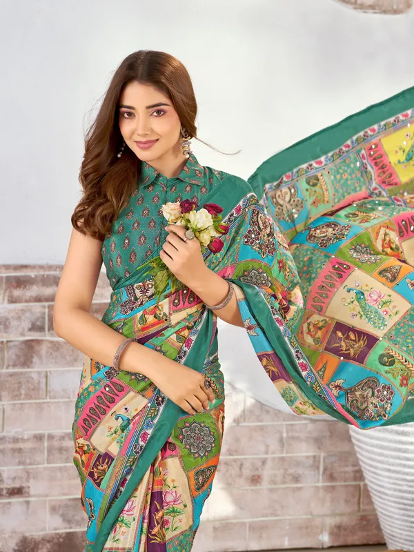 Green_Chinon_Paisley_Floral_Print_Saree_For_Women