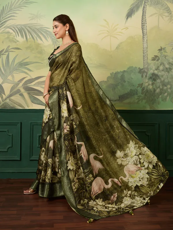 Olive_Jacquard_Floral_Print_Saree_For_Women