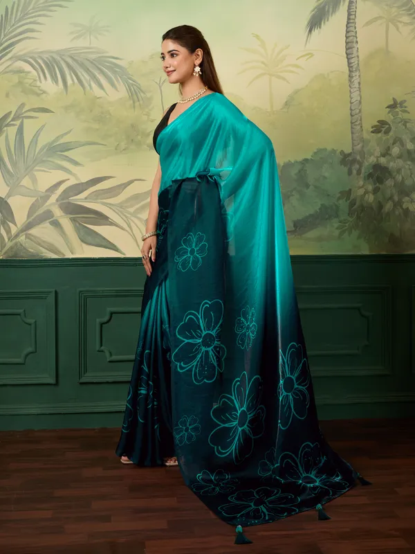 Teal_Satin_Floral_Print_Saree_For_Women