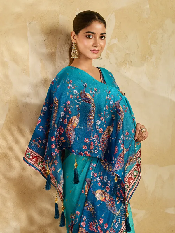 Teal_Jacquard_Butti_Floral_Peacock_Print_Saree_For_Women