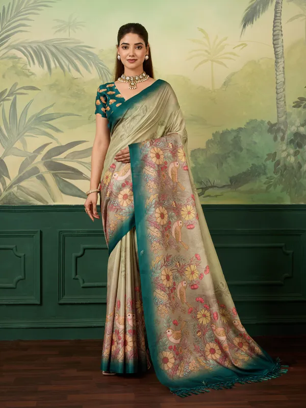 Beige_Heavy_Tussar_Silk_Floral_Bird_Print_Saree_For_Women