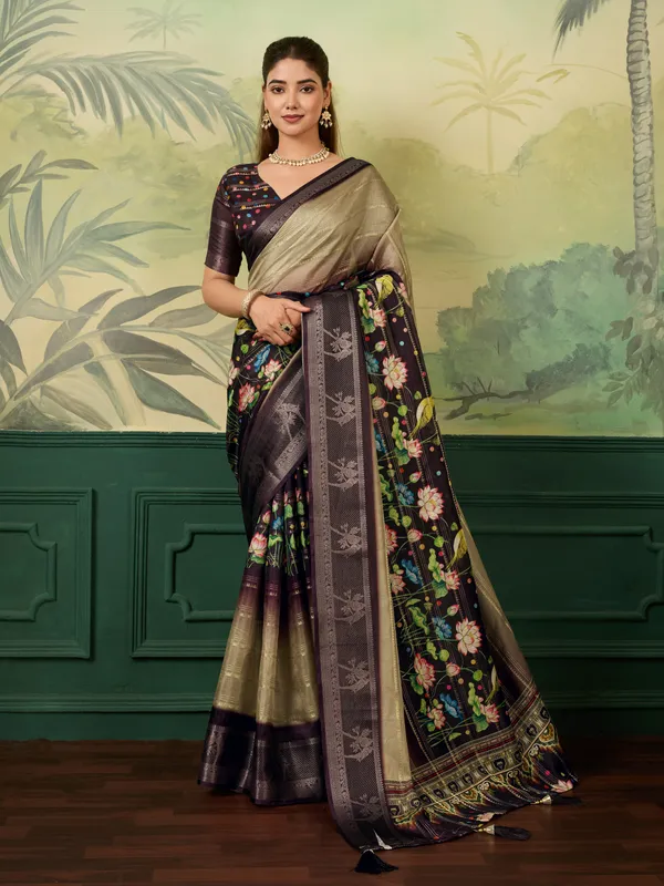 Black_Jacquard_Floral_Print_Saree_For_Women