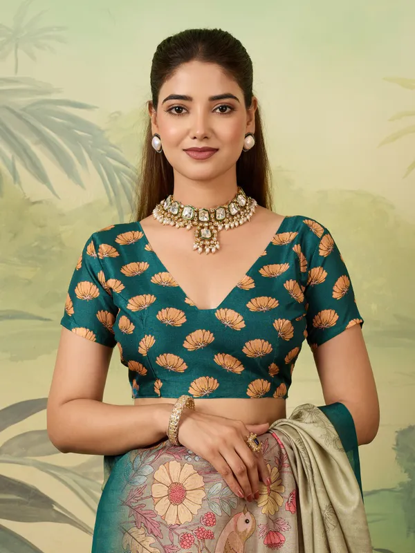 Beige_Heavy_Tussar_Silk_Floral_Bird_Print_Saree_For_Women