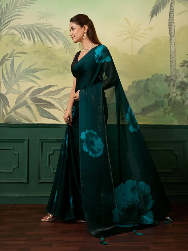 Teal_Green_Satin_Floral_Print_Saree_For_Women