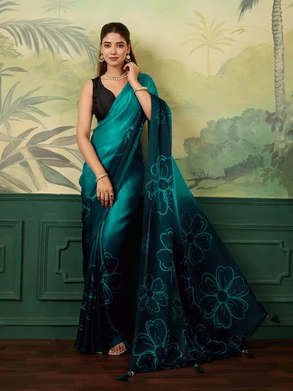 Teal_Satin_Floral_Print_Saree_For_Women