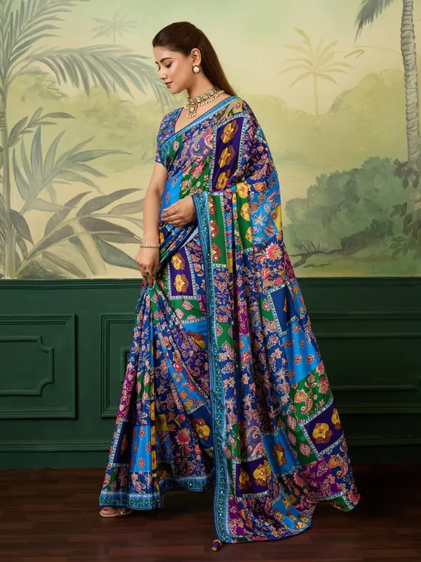 Blue_Chinon_Floral_Printed_Saree_With_Unstitched_Blouse_For_Women