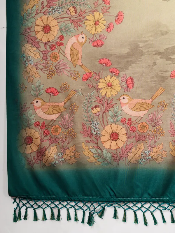 Beige_Heavy_Tussar_Silk_Floral_Bird_Print_Saree_For_Women