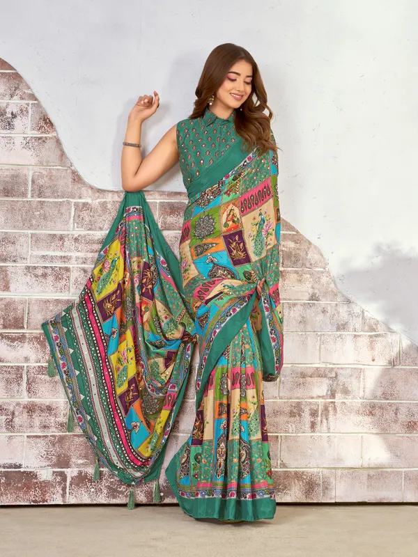 Green_Chinon_Paisley_Floral_Print_Saree_For_Women