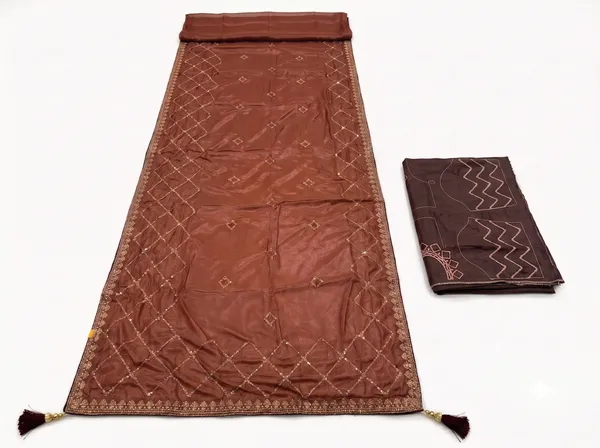 Brown_Chocolate_Handwork_Embroidered_Saree_With_Blouse_Piece_For_Women