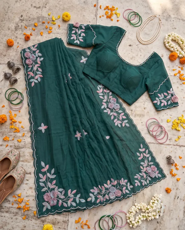 Teal_Blue_Mulberry_Silk_Embroidered_Saree_With_Blouse_Piece_For_Women