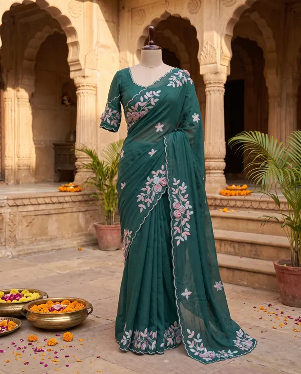 Teal_Blue_Mulberry_Silk_Embroidered_Saree_With_Blouse_Piece_For_Women