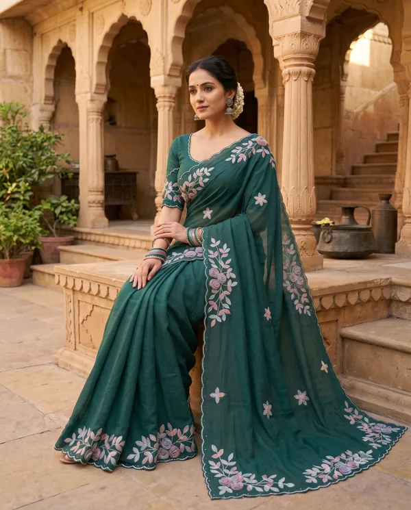 Teal_Blue_Mulberry_Silk_Embroidered_Saree_With_Blouse_Piece_For_Women