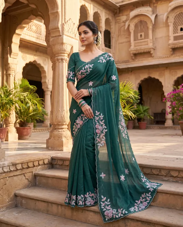 Teal_Blue_Mulberry_Silk_Embroidered_Saree_With_Blouse_Piece_For_Women