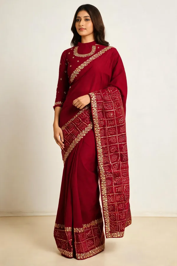 Red_Vichitra_Silk_Embroidered_Saree_With_Blouse_Piece_For_Women