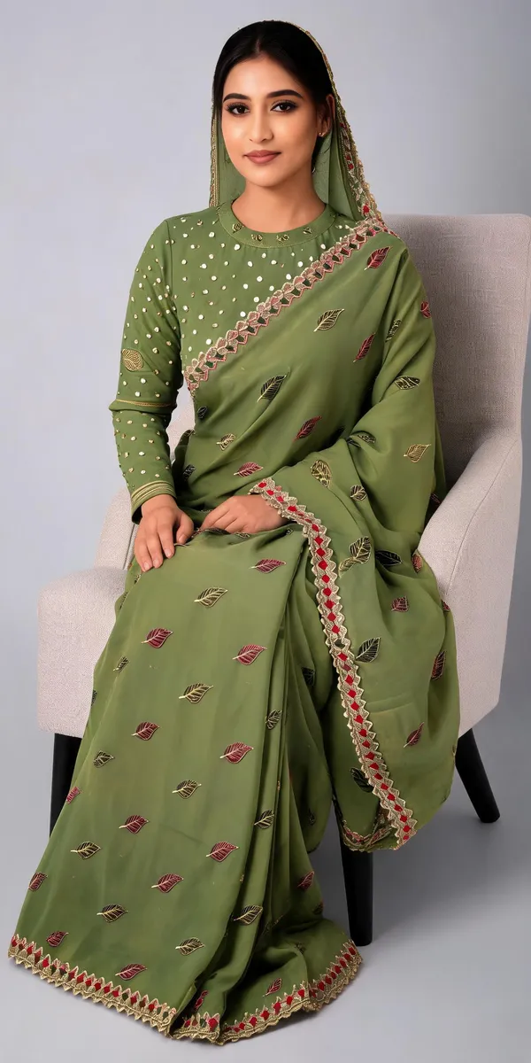 Green_Wari_Chiffon_Leaf_Print_Saree_With_Blouse_Piece_For_Women