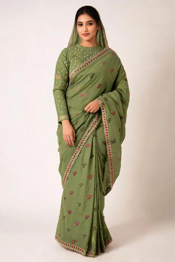 Green_Wari_Chiffon_Leaf_Print_Saree_With_Blouse_Piece_For_Women