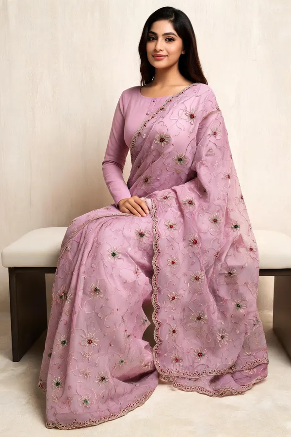 Pink_Crunchy_Chiffon_Floral_Embroidered_Saree_With_Blouse_Piece_For_Women
