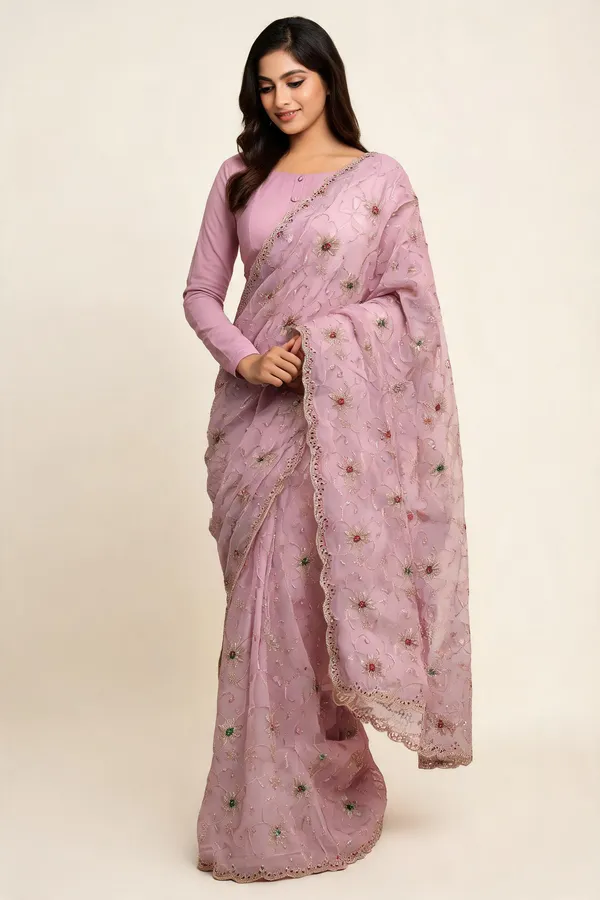 Pink_Crunchy_Chiffon_Floral_Embroidered_Saree_With_Blouse_Piece_For_Women