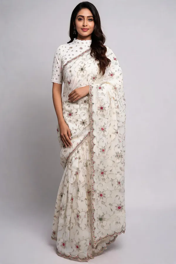 White_Crunchy_Chiffon_Floral_Embroidered_Saree_With_Blouse_Piece_For_Women
