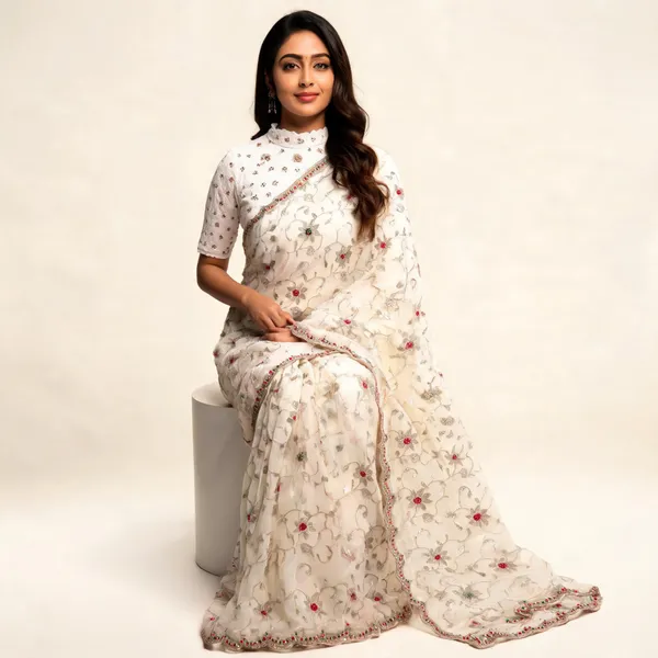 White_Crunchy_Chiffon_Floral_Embroidered_Saree_With_Blouse_Piece_For_Women