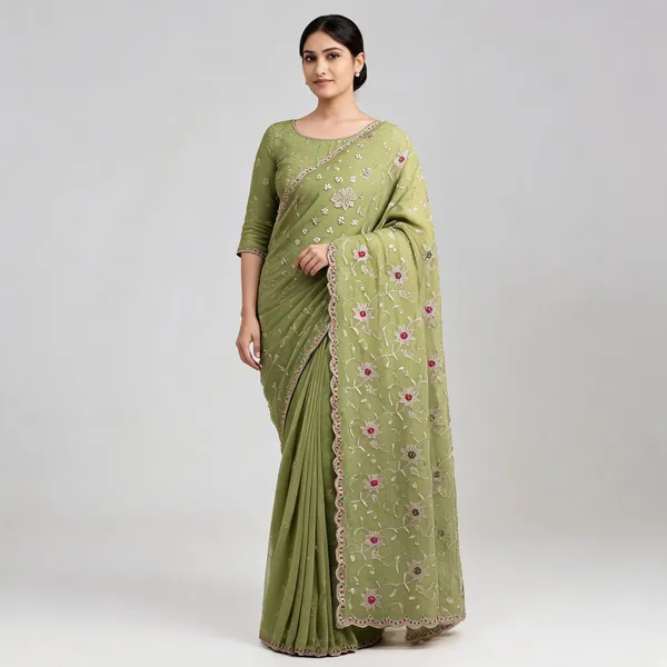 Green_Crunchy_Chiffon_Embroidered_Saree_With_Blouse_Piece_For_Women