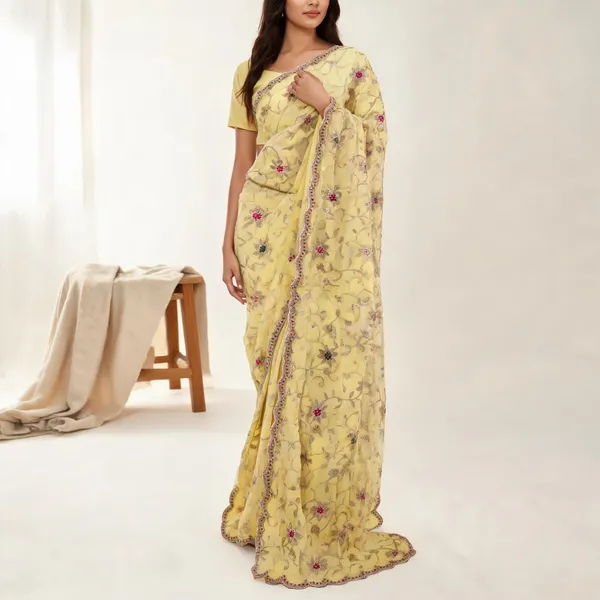 Yellow_Crunchy_Chiffon_Embroidered_Saree_With_Blouse_Piece_For_Women