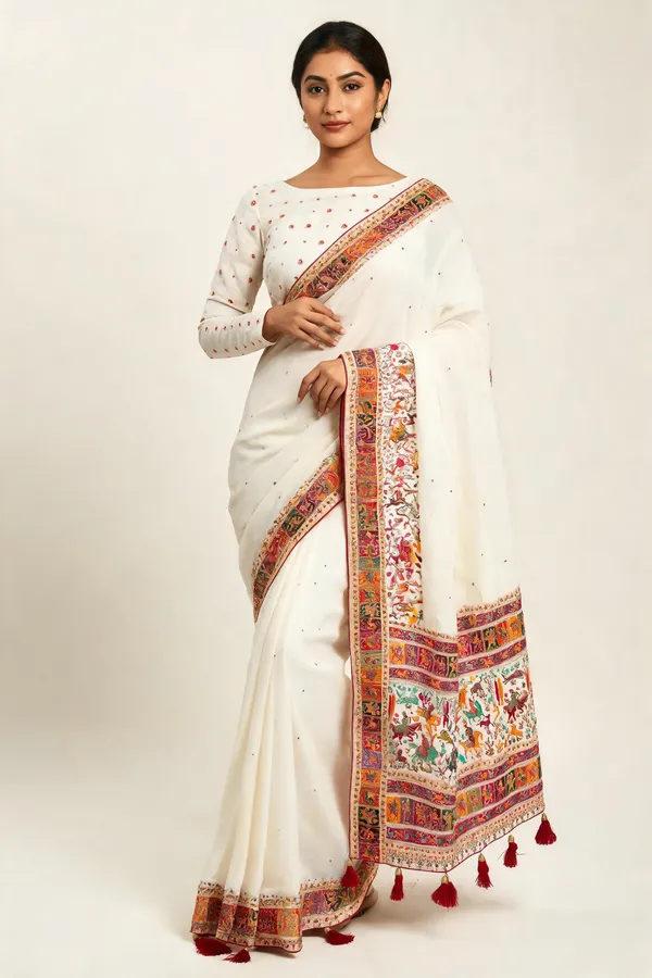 White_Pashmina_Silk_Printed_Tassel_Saree_With_Blouse_Piece_For_Women