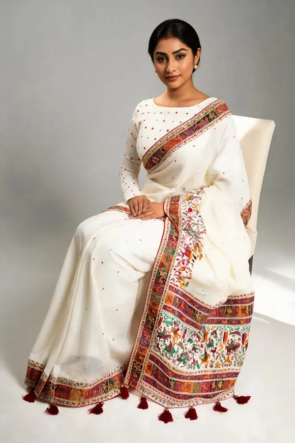 White_Pashmina_Silk_Printed_Tassel_Saree_With_Blouse_Piece_For_Women