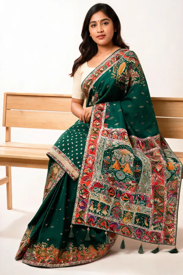 Green_Pashmina_Silk_Traditional_Print_Saree_With_Blouse_Piece_For_Women