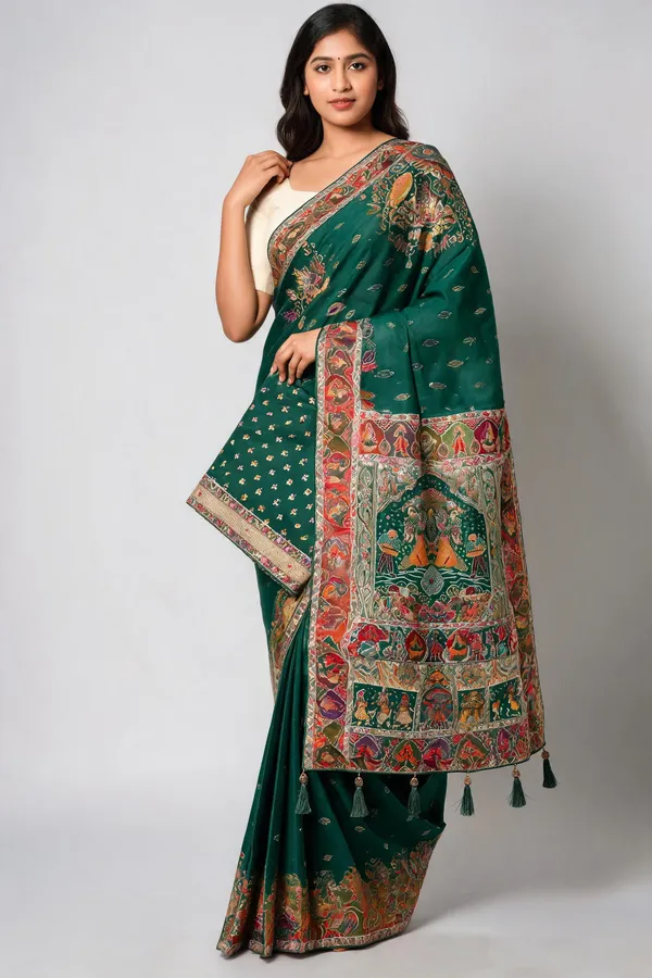 Green_Pashmina_Silk_Traditional_Print_Saree_With_Blouse_Piece_For_Women