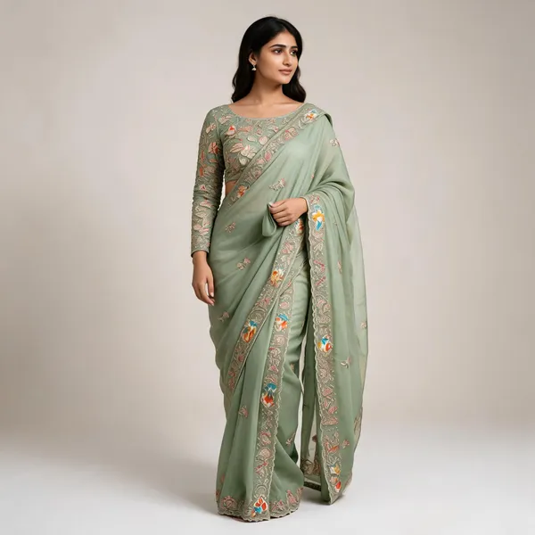 Green_Crystal_Chiffon_Embroidered_Saree_With_Blouse_Piece_For_Women