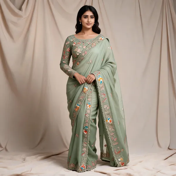 Green_Crystal_Chiffon_Embroidered_Saree_With_Blouse_Piece_For_Women