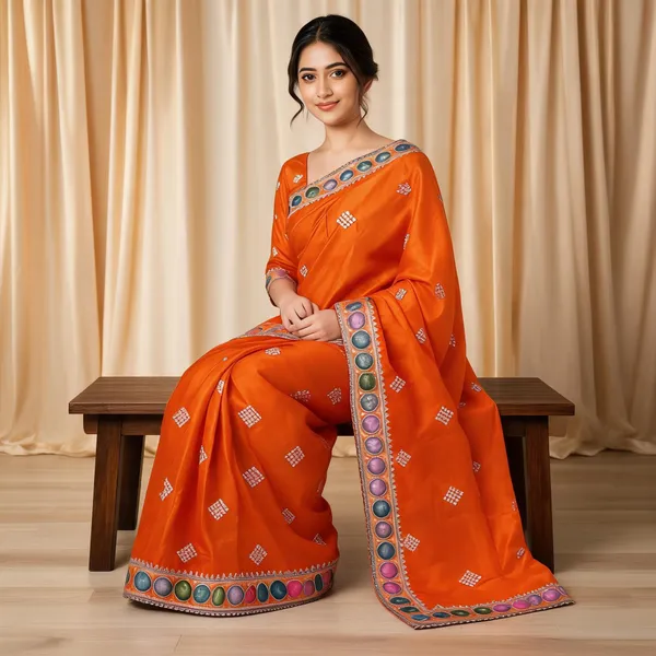 Orange_Silk_Embellished_Saree_With_Blouse_Piece_For_Women