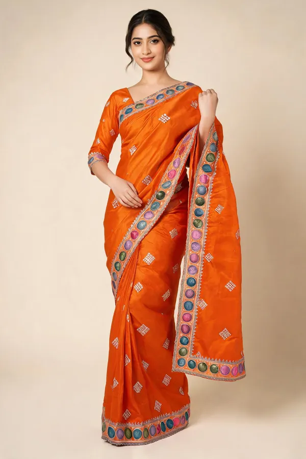 Orange_Silk_Embellished_Saree_With_Blouse_Piece_For_Women