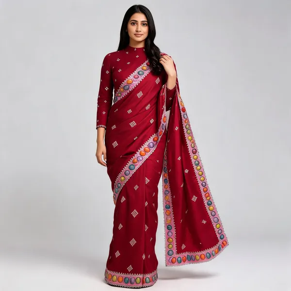 Red_Silk_Embellished_Saree_With_Blouse_Piece_For_Women
