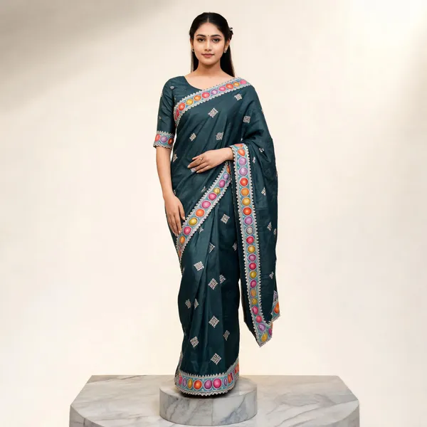 Teal_H.O_Silk_Printed_Ethnic_Saree_With_Blouse_Piece_For_Women