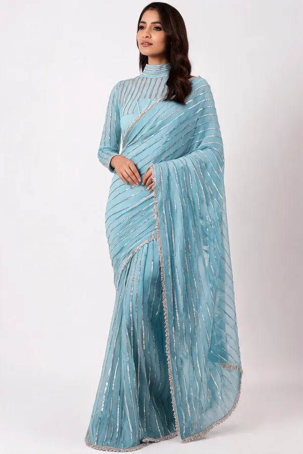 Blue_Chiffon_Embellished_Saree_With_Blouse_Piece_For_Women