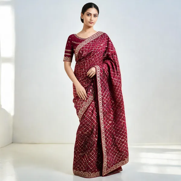 Maroon_Vichitra_Silk_Geometric_Saree_With_Blouse_Piece_For_Women