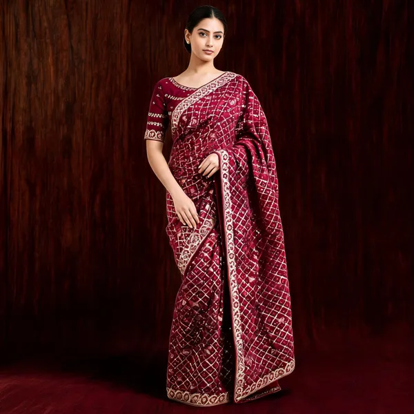 Maroon_Vichitra_Silk_Geometric_Saree_With_Blouse_Piece_For_Women