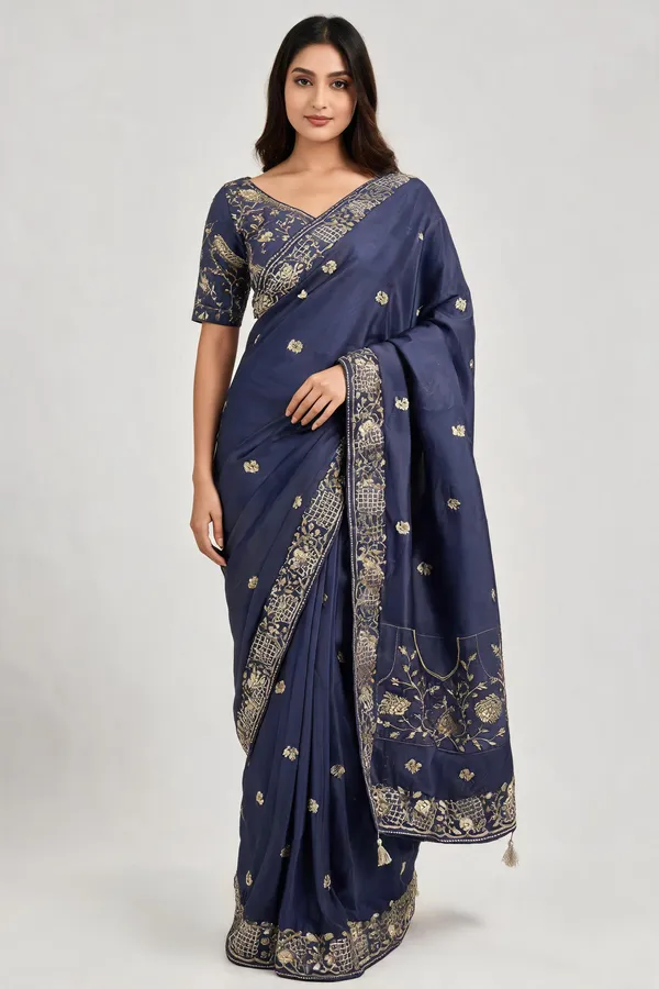 Navy_Blue_Chocolate_Silk_Embellished_Saree_With_Blouse_Piece_For_Women