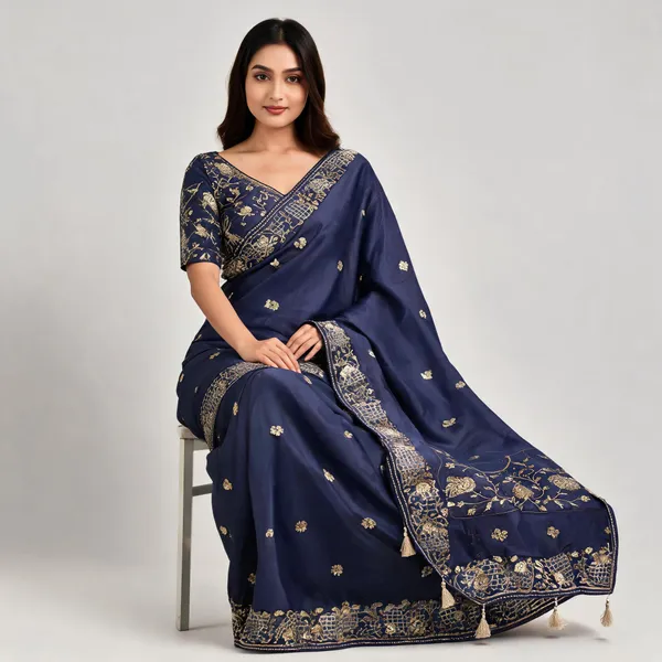 Navy_Blue_Chocolate_Silk_Embellished_Saree_With_Blouse_Piece_For_Women