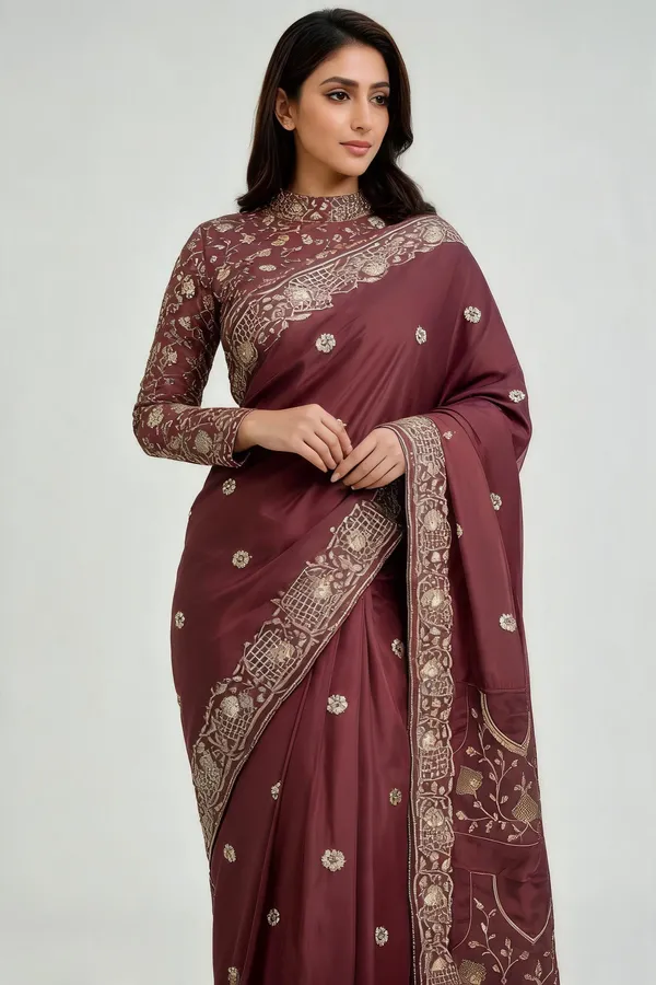 Maroon_Chocolate_Silk_Floral_Print_Saree_With_Blouse_Piece_For_Women