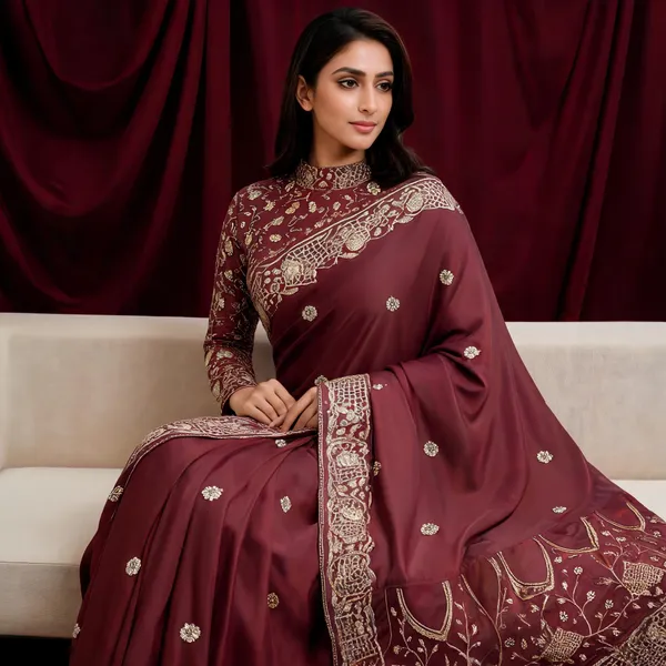Maroon_Chocolate_Silk_Floral_Print_Saree_With_Blouse_Piece_For_Women