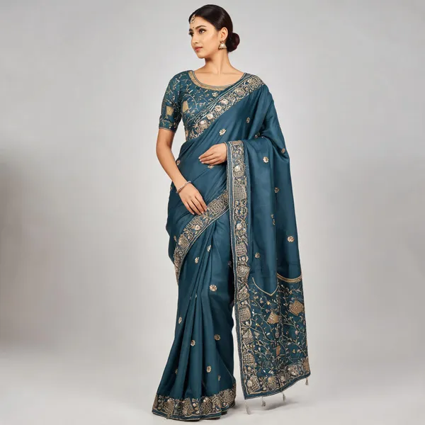 Blue_Chocolate_Silk_Embroidered_Saree_With_Blouse_Piece_For_Women